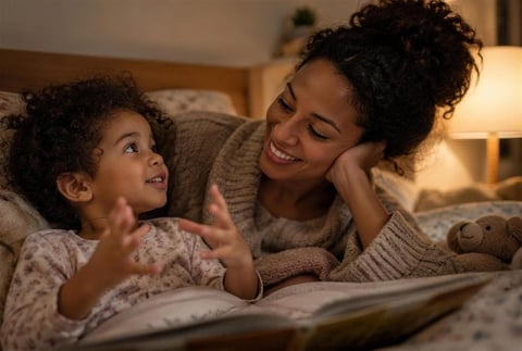 A smiling woman and young child reading a book together in bed, bonding over a bedtime story in warm lighting.