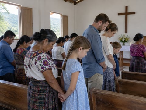 A visiting family praying with local families in a small village church